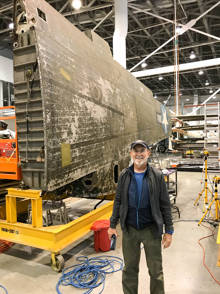 Bent prop visits air and space museum b-26 bomber flak bait - Pat Scannon standing with wing